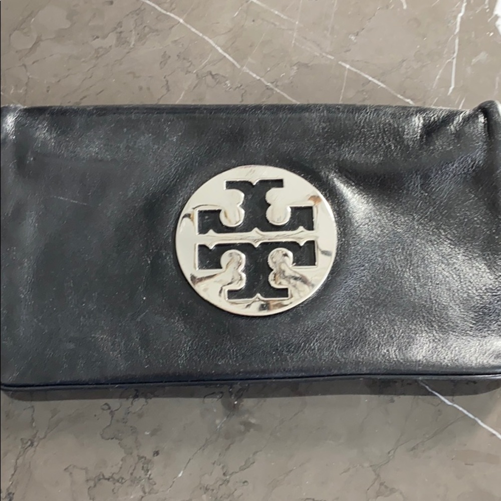Tory Burch Black and Silver clutch w/option strap